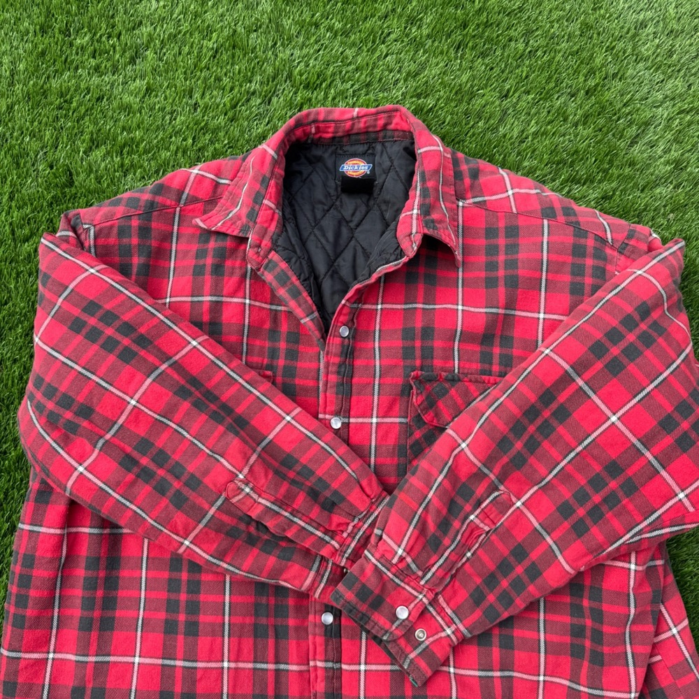 Dickies Mens XL Flannel Shirt Jacket Red Plaid Quilted Lined Workwear Shacket